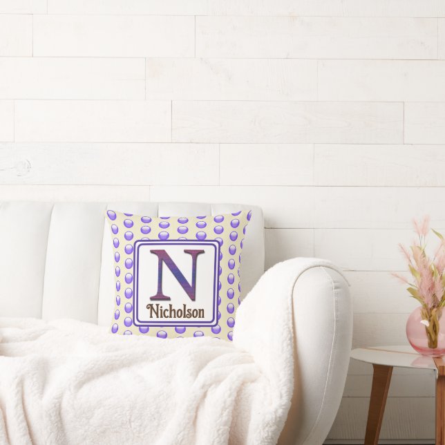 Monogram Letter N Initial Blue Polka Dot Keepsake Throw Pillow (Couch)