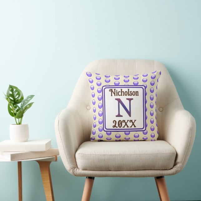 Monogram Letter N Initial Blue Polka Dot Memento Throw Pillow (Chair)