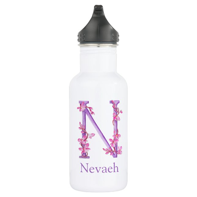 Monogram letter N name orchid pink purple Stainless Steel Water Bottle (Right)