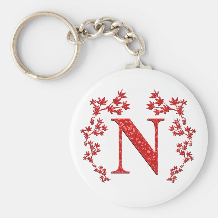 Monogram Letter N Red Leaves Keychains