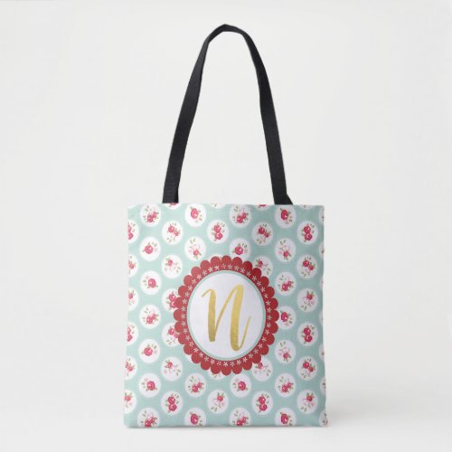 Monogram LETTER N Turquoise Red Country Floral Tote Bag