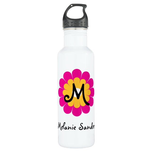 Monogram letter name mod pink yellow flower water bottle (Front)