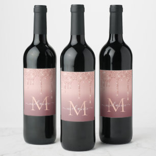 Monogram Letter Name Rose Gold Wine Label
