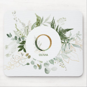 Monogram Letter O Greenery Wreath Mouse Pad