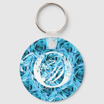 Monogram Letter O Ice Blue Roses Keychain by ggbythebay at Zazzle