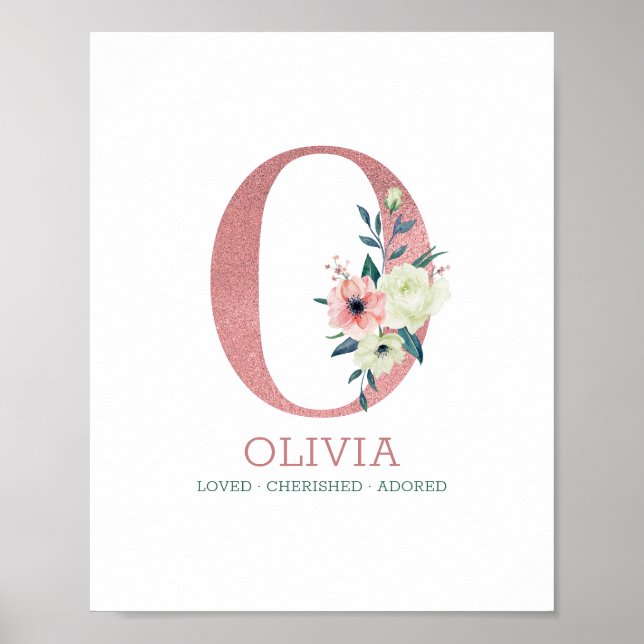 Monogram Letter O Pink Watercolor Floral Nursery Poster (Front)