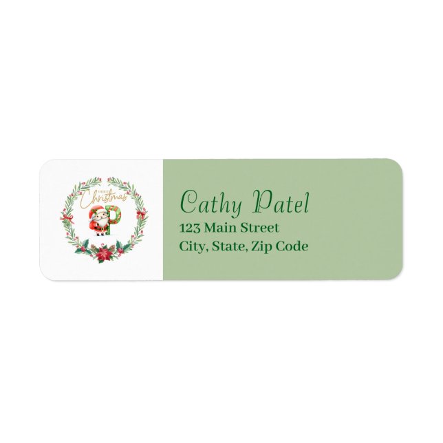 Monogram Letter P :Christmas Wreath w/ Santa Claus Label (Front)