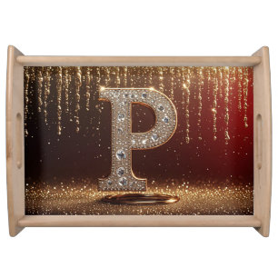 Monogram Letter P Gold Glitter Initial Gift Serving Tray