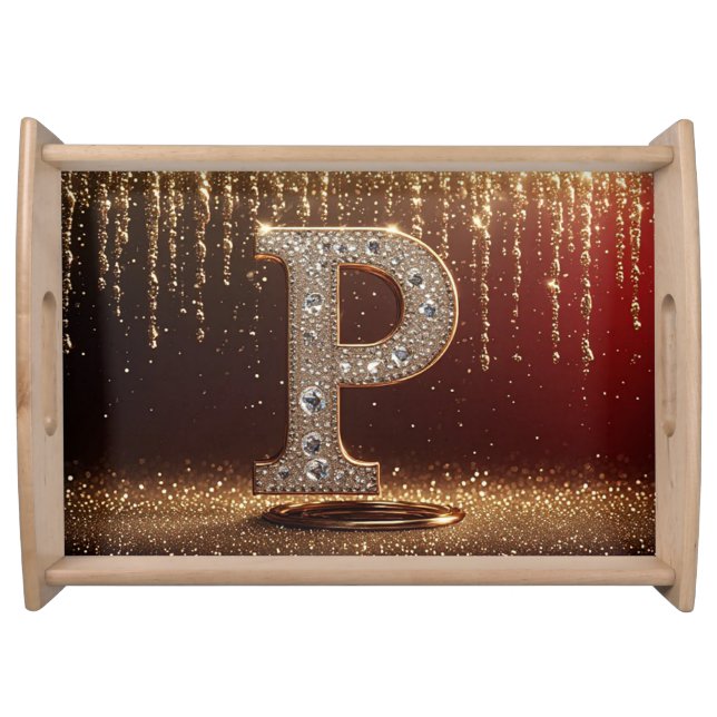 Monogram Letter P Gold Glitter Initial Gift Serving Tray (Front)