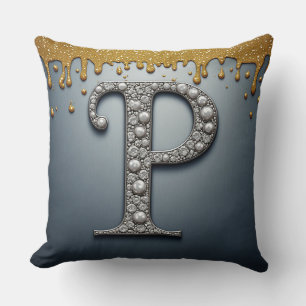 Monogram Letter P Navy Gold Dripping Paint Throw Pillow