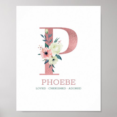 Monogram Letter P Pink Watercolor Floral Nursery Poster