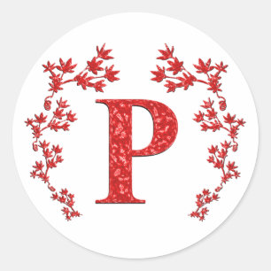 Monogram Letter P Red Leaves Classic Round Sticker