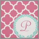 Monogram Letter Pink Teal Laurel Quatrefoil Girl's Fabric