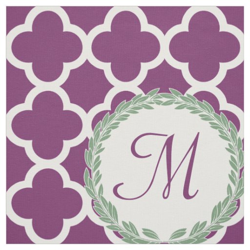 Monogram Letter Purple Green Laurel Quatrefoil Fabric