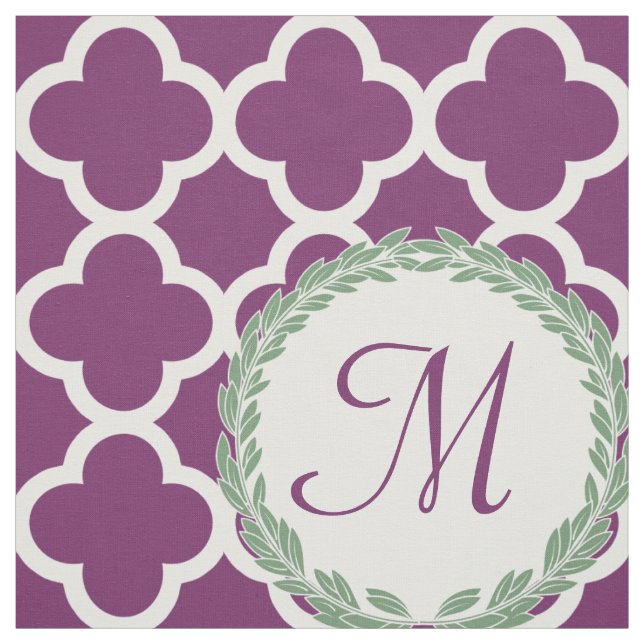 Monogram Letter Purple Green Laurel Quatrefoil Fabric (Swatch)