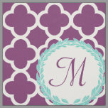 Monogram Letter Purple Teal Laurel Quatrefoil Fabric