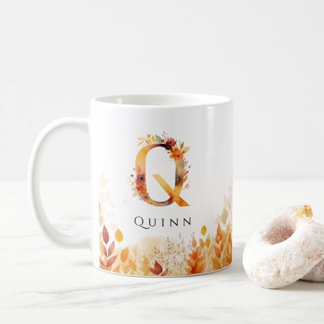 Monogram Letter Q Fall Leaves Initial Coffee Mug (With Donut)