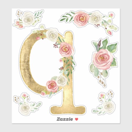 Monogram Letter Q Pink Rose Floral Leaf Watercolor Sticker