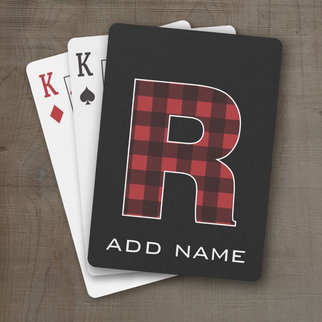 Monogram Letter R - Black and Red Buffalo Plaid Poker Cards (Personalized Playing Cards - Large Monogram)