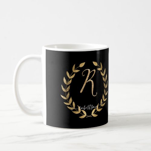 Monogram Letter R Black n Gold Script Name Coffee Mug