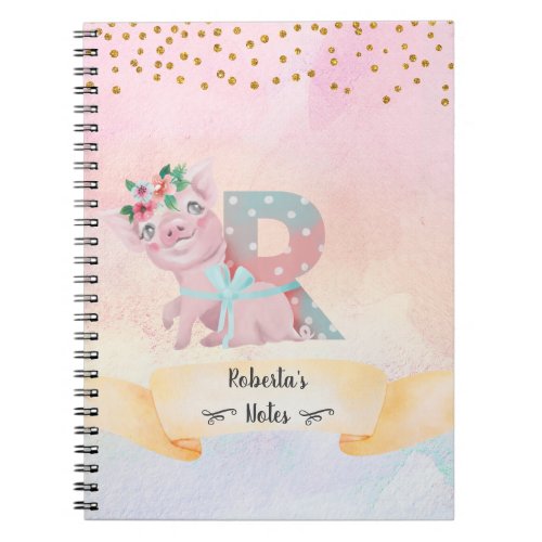 Monogram Letter R Cute Pig Girl Daily Study Notebook