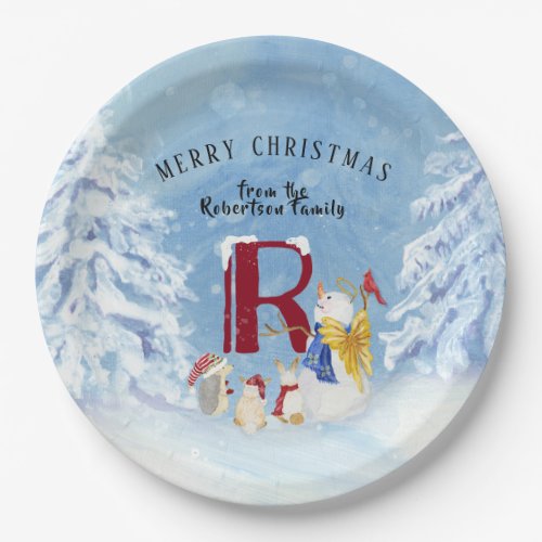 Monogram Letter R Merry Christmas Angel Snowman Paper Plates