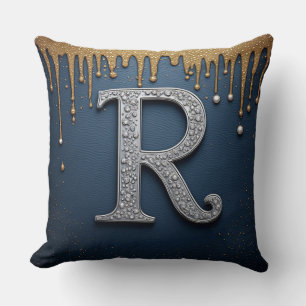 Monogram Letter R Navy Gold Pearl Initial Design Throw Pillow