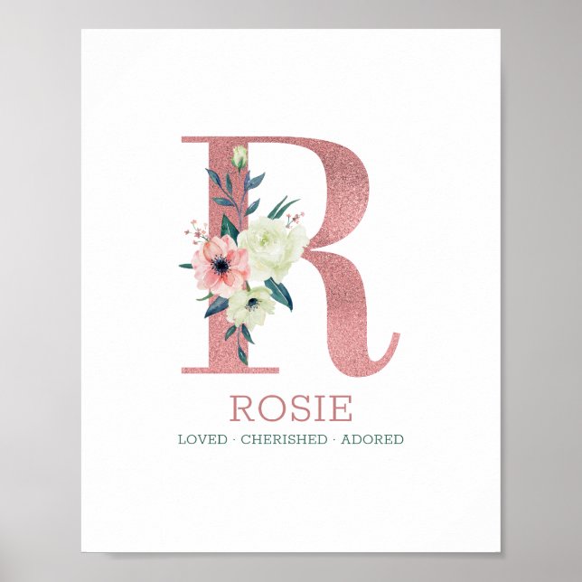 Monogram Letter R Pink Watercolor Floral Nursery Poster (Front)