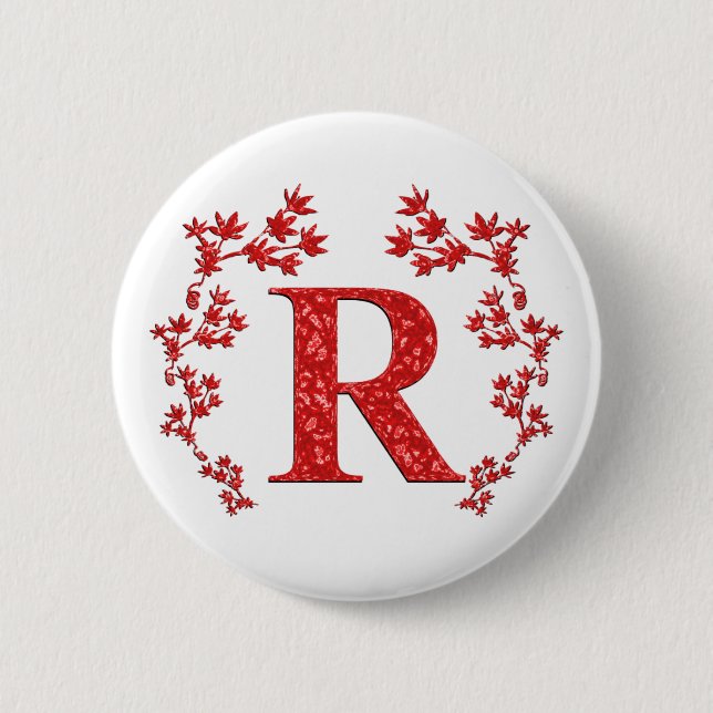 Monogram Letter R Red Leaves Pinback Button (Front)