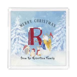 Monogram Letter R Watercolor Winter Angel Snowman Acrylic Tray