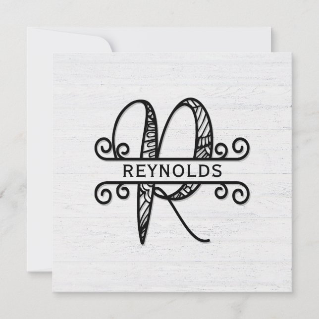 Monogram Letter R with Family Name   Note Card (Front)