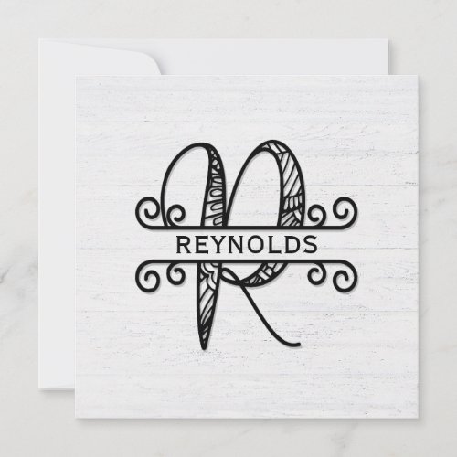 Monogram Letter R with Family Name   Note Card