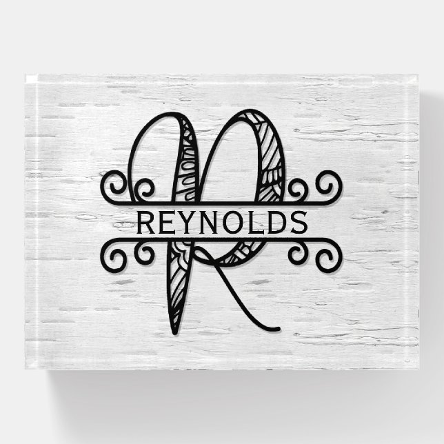 Monogram Letter R with Family Name  Paperweight (Front)