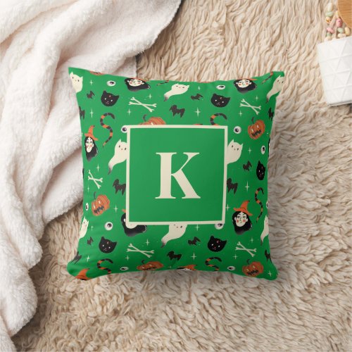 Monogram Letter Retro Halloween Witch Pattern Throw Pillow