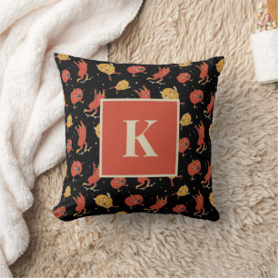 Monogram Letter Retro Spooky Halloween Pattern Throw Pillow