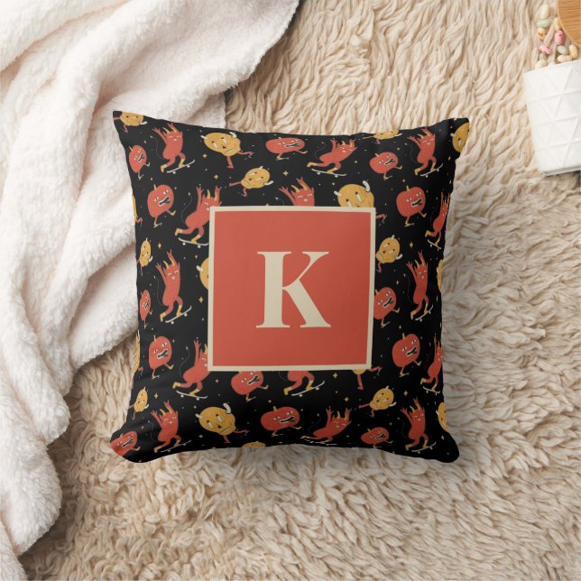 Monogram Letter Retro Spooky Halloween Pattern Throw Pillow (Blanket)