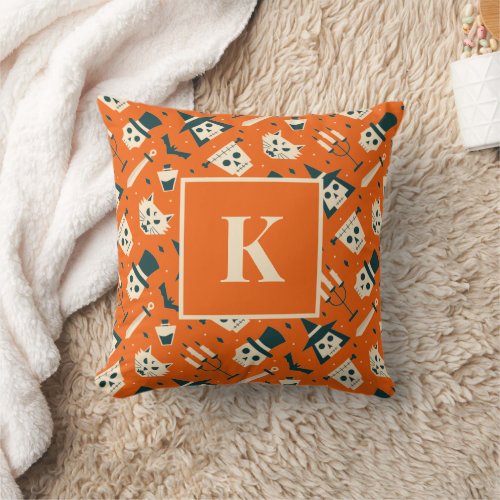 Monogram Letter Retro Spooky Halloween Pattern Throw Pillow