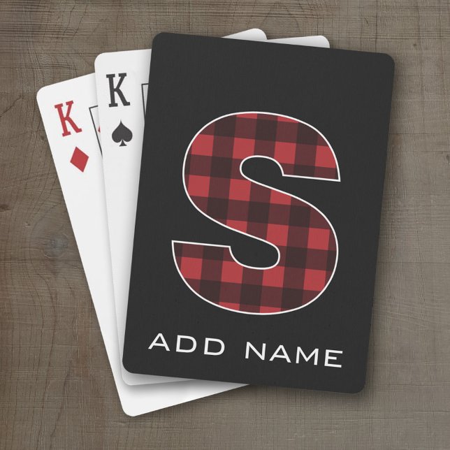 Monogram Letter S - Black and Red Buffalo Plaid Poker Cards (Personalized Playing Cards - Large Monogram)