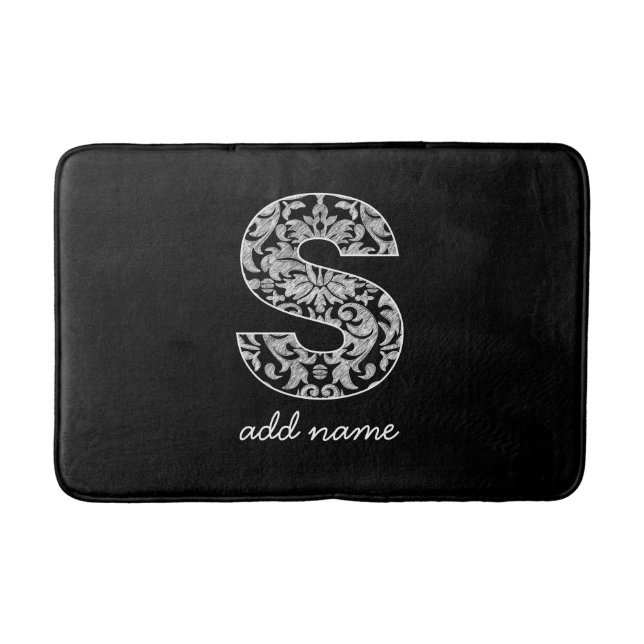 Monogram Letter S - Black and White Damask Bathroom Mat (Front)
