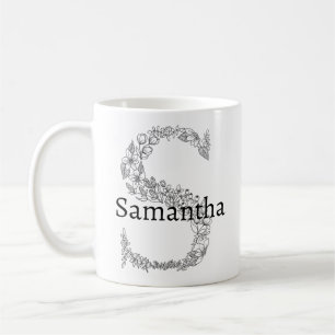 Monogram Letter S Black White Botanical Floral Coffee Mug