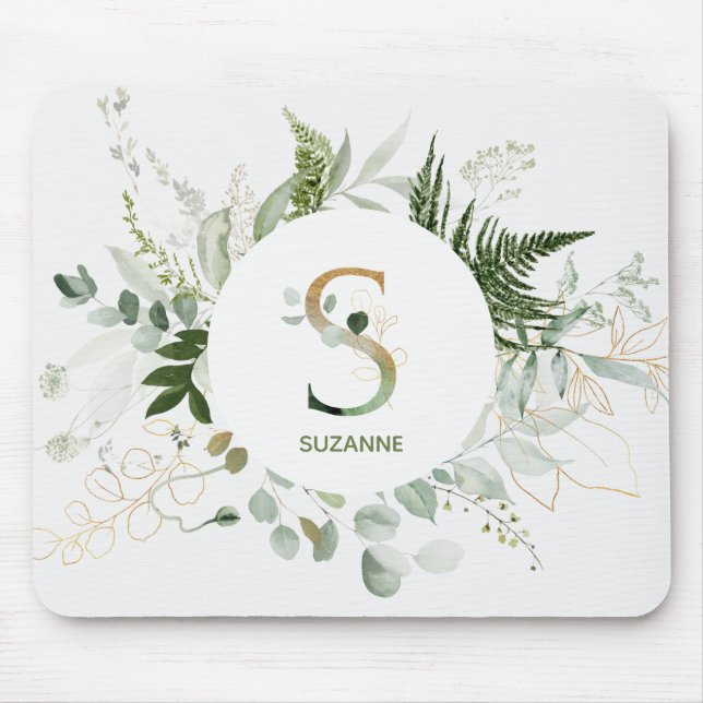 Monogram Letter S Fern & Succulent Mouse Pad (Front)
