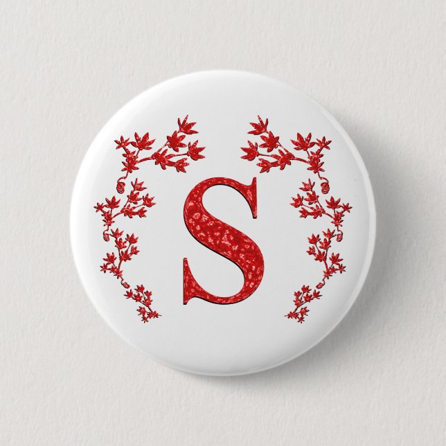 Monogram Letter S Red Leaves Pinback Button (Front)