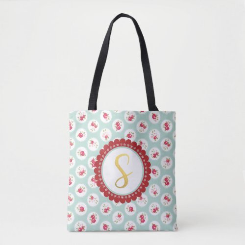 Monogram LETTER S Turquoise Red Country Floral Tote Bag
