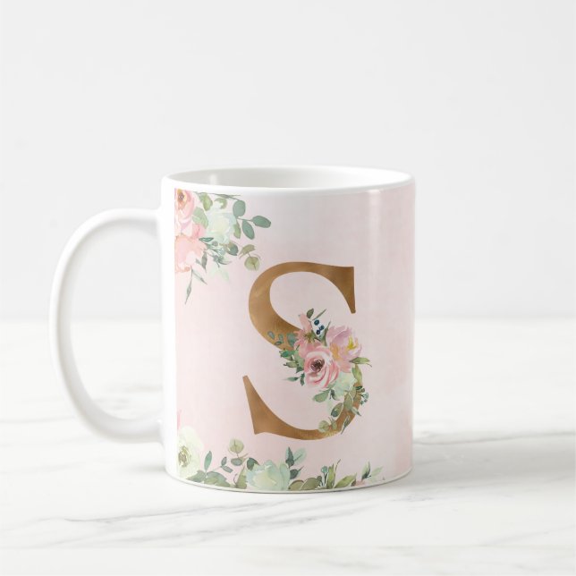 Monogram Letter S Watercolor Floral Coffee Mug (Left)