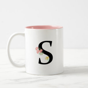 Monogram Letter S watercolor flowers pink bouquet Two-Tone Coffee Mug
