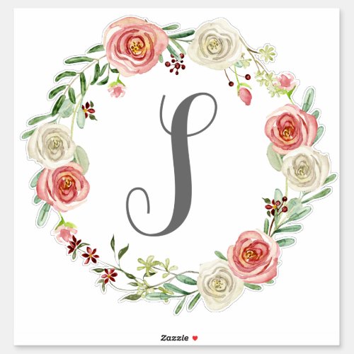 Monogram Letter S Watercolor Rose Floral Wreath Sticker