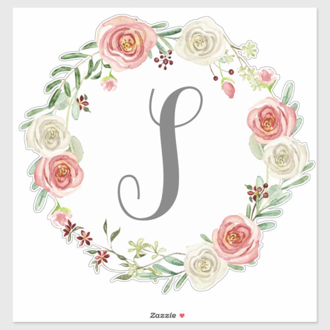 Monogram Letter S Watercolor Rose Floral Wreath Sticker (Sheet)