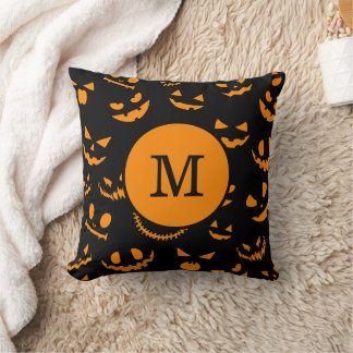 Monogram Letter Spooky Jack O Lantern Faces Throw Pillow