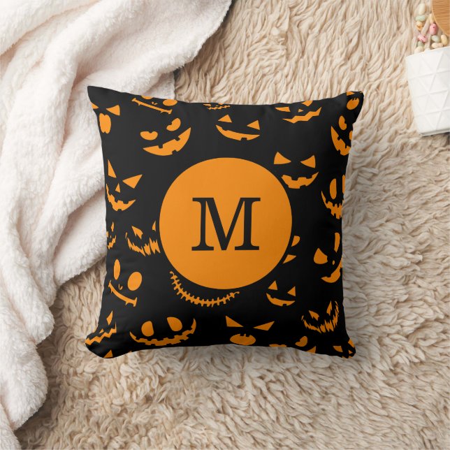 Monogram Letter Spooky Jack O Lantern Faces Throw Pillow (Blanket)