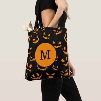 Monogram Letter Spooky Jack O Lantern Faces Tote Bag
